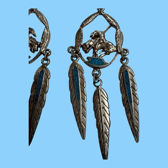 Signed Walldeck Jewelry Silver Tone Turquoise End Of The Trail Pierced Earrings - Picture 3 of 9